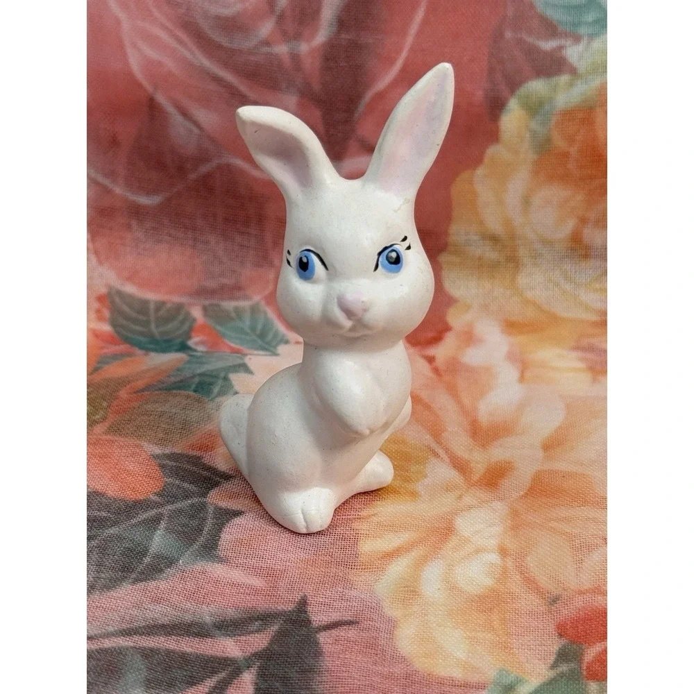 Vintage Ceramic White Bunny Rabbit Figurine Blue Eyes Mini 2.5